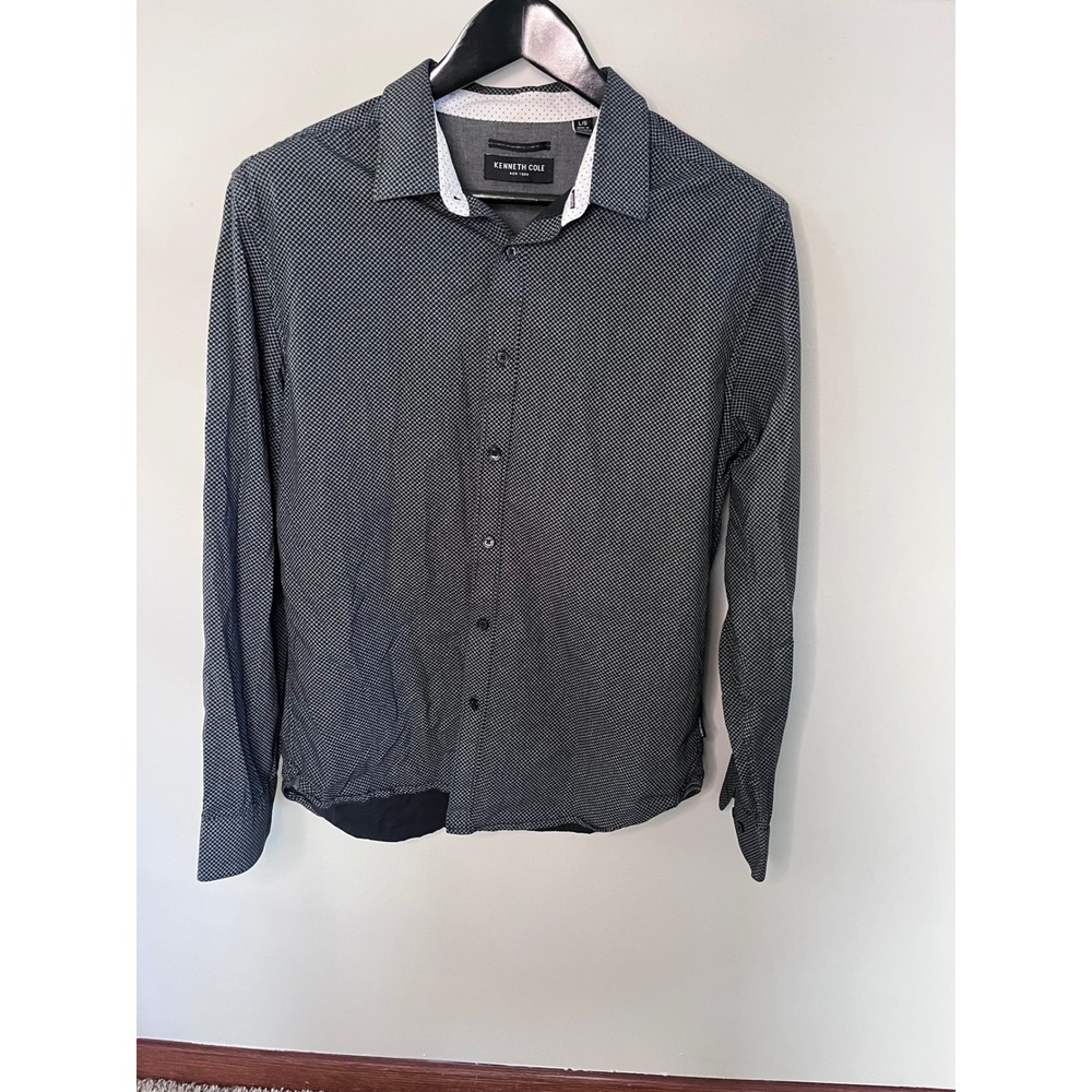 Kenneth Cole New York Mens L Black White Geometric Cotton Button Down Shirt